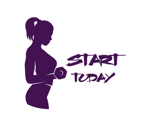 Fitness girl lifting dumbbell, logo for gym, t-shirt print with motivational quote