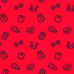fitness pattern, seamless red background with linear gym icons