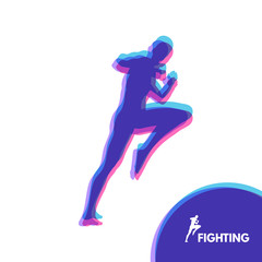 Fototapeta na wymiar Kickbox fighter preparing to execute a high kick. Silhouette of a fighting man. Design template for Sport. Emblem for training. Vector Illustration.