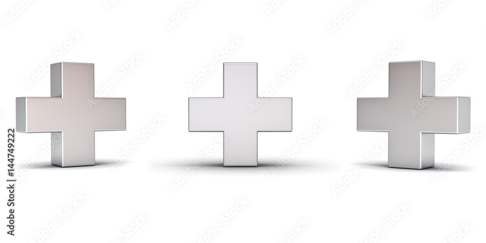 Aufkleber 3d metal plus sign with three different view angles isolated on white background with shadow. 3D rendering.