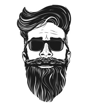 Vector hipster man bearded face in sunglasses