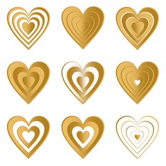A set of gold and white heart different sizes and shapes on a white background