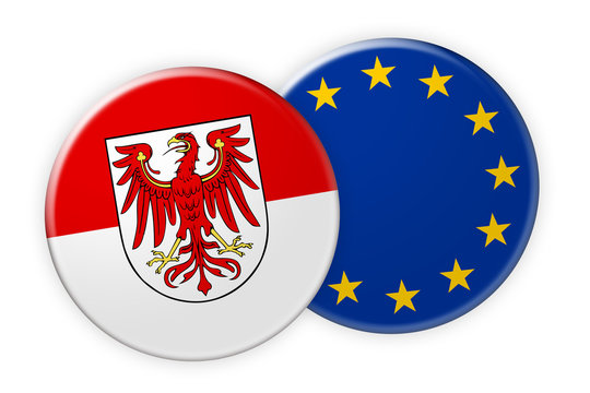 Germany News Concept: Brandenburg Flag Button On EU Flag Button, 3d illustration on white background