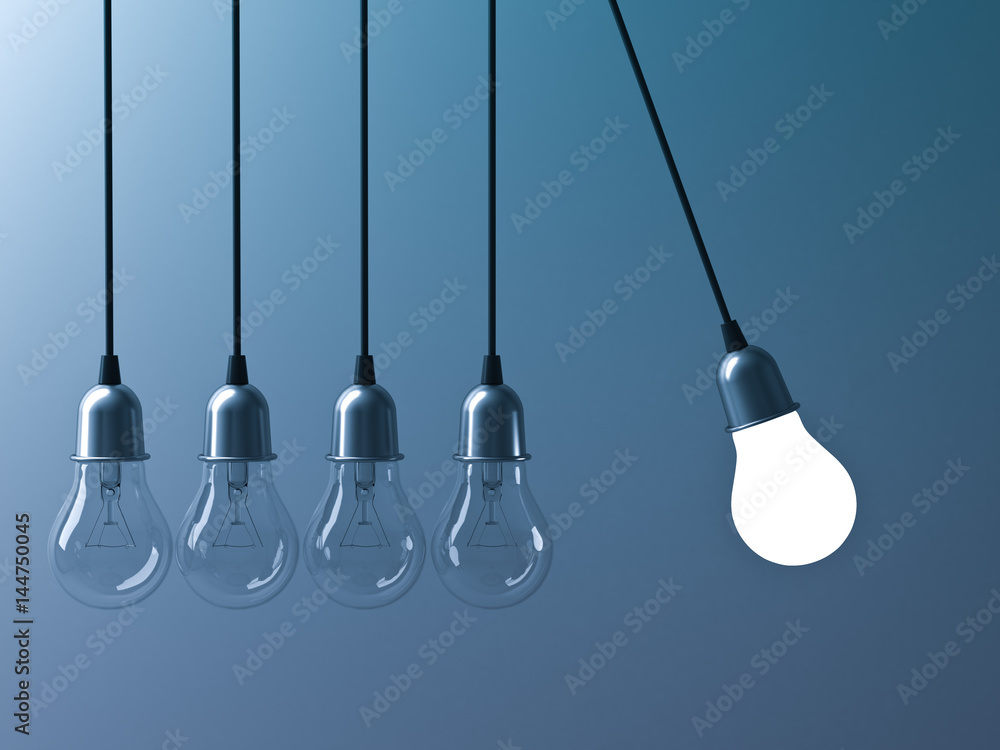Poster one hanging light bulb glowing different and stand out from unlit incandescent bulbs like newtons cr