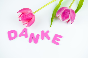 Das Wort Danke mit pink farbenen Buchstaben und zwei Tulpen auf weißem Hintergrund