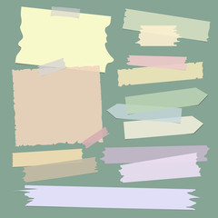 Collection of different shape and size ripped colored sticky notes and adhesive tape