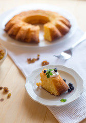 Cottage cheese baked pudding, sour cream and blueberries
