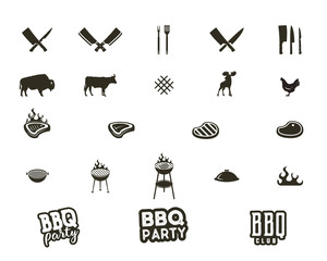 Vector Steak house and grill silhouette textured icons. Black shapes isolated on white background. Included grill equipment, tools, elements and typography signs - bbq party concept and other. - obrazy, fototapety, plakaty