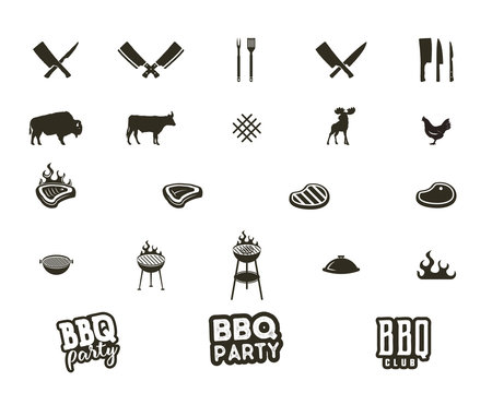Vector Steak house and grill silhouette textured icons. Black shapes isolated on white background. Included grill equipment, tools, elements and typography signs - bbq party concept and other.