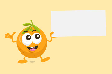 Illustration of cute orange mascot with offer label in his hand. Isolated on light orange background.