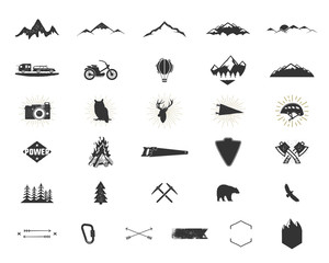 Outdoor adventure silhouette icons set. Climb and camping shapes collection. Simple black pictograms bundle. Use for creating logo, labels and other hiking, surf designs. Vector isolated on white.