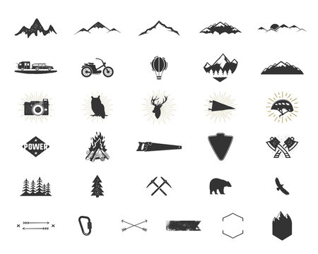 Outdoor adventure silhouette icons set. Climb and camping shapes collection. Simple black pictograms bundle. Use for creating logo, labels and other hiking, surf designs. Vector isolated on white.