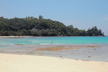 Fototapeta na wymiar Sandy beach and zone of bathing. Baie Lazare, Mahe, Seychelles