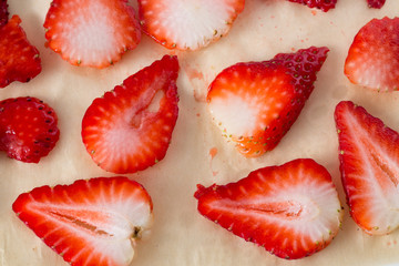 Red sliced Juicy and fresh strawberries. Summer food background for your design.