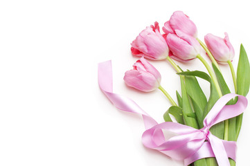 bunch of pink tulips on white