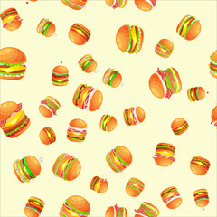 Seamless pattern tasty burger grilled beef and fresh vegetables dressed with sauce bun for snack, american hamburger fast food meal menu barbecue meat bread tomato cheese vecor illustration background