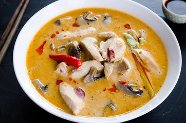 Tom Kha Kai soup with mushrooms, Thai dish