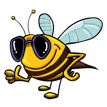 Cartoon image of bee wearing sunglasses. An artistic freehand picture.