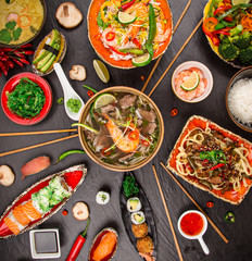 Various of asian meals on rustic background , top view , place for text.