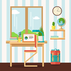 Vector illustration of children's room interior with desk Student's workplace in flat design style
