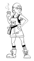 Cartoon image of female worker with coffee mug. An artistic freehand picture.