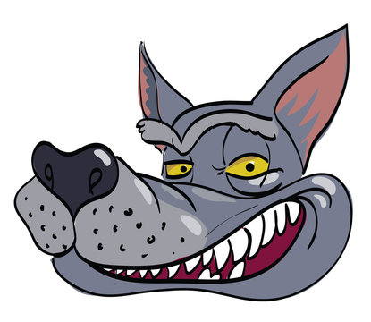Cartoon image of grinning wolf face. An artistic freehand picture.