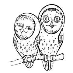 Cartoon image of cute owls. An artistic freehand picture.