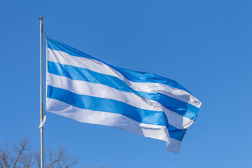 Obraz premium Waving Flag of Tallinn, Estonia, Blue and White stripes isolated on blue sky background