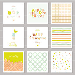 Little boy birthday and baby shower invitation cards set. One year anniversary. Sweet and balloon letters. Cute festive patterns collection.