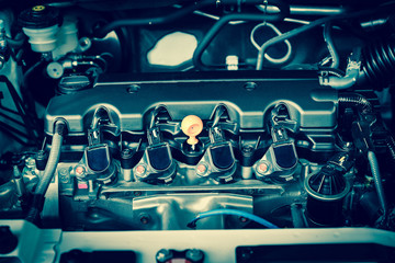 Powerful engine of a car. Internal design of engine with combustion and valve in dark tone