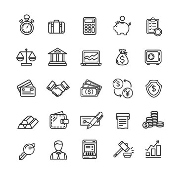 Banking and Accounting Icon Black Thin Line Set. Vector