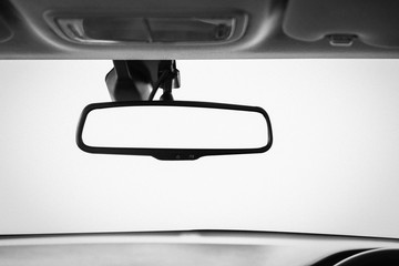 Closeup interior modern car console with full windscreen show space of front seat and passenger cabin , gear box , steering wheel and whole  dashboard function.