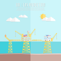 Oil industry Concept with oil and gas production platform, living quarter and helicopter in the sea for production refinery oil and petrol. vector illustration flat design paper cut style..