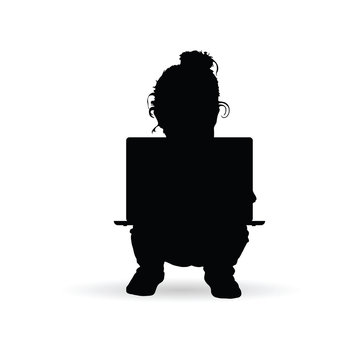 child with a laptop on her lap silhouette