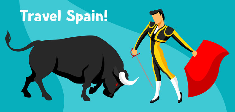Traditional spanish corrida. Bull and toreador with sword and red cape