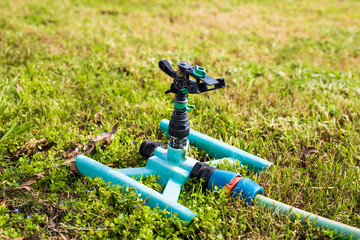 Fototapeta na wymiar Sprinkler head for spraying water over green grass.