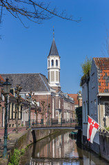 Obraz premium Church and little bridge over a canal in Amersfoort