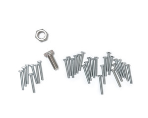 find the right man for the right job concept ,bolts and a nut on white background, flat top view