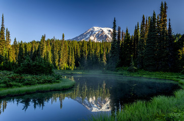 Mountain reflected in pond with trees and grass