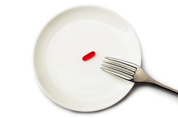 Pills on white plate with fork. Pill instead of food