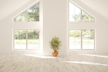 Fototapeta premium White empty room with summer landscape in window. Scandinavian interior design. 3D illustration