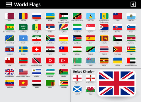 Flag icons of the world with names in alphabetical order - set 4. Flat style. Vector illustration.