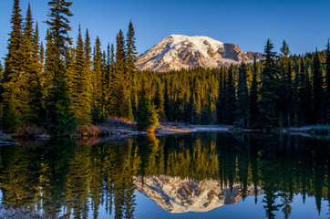 Mountain reflected in lake with trees at sunrise
