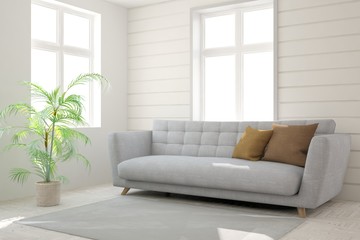 White modern room with sofa. Scandinavian interior design. 3D illustration