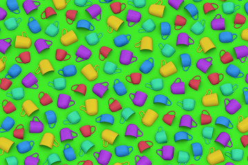 Cups with shadows in different colors shapes on green. 3D illustration