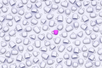 Cups with pink color centre cup on grayscale background 3D illustration