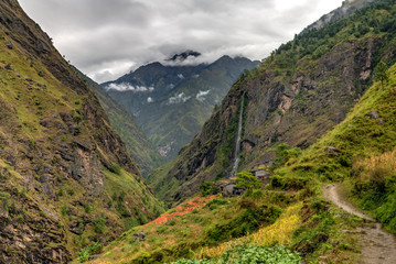 Green valley on Manaslu circuit in Himalaya mountains, Nepal