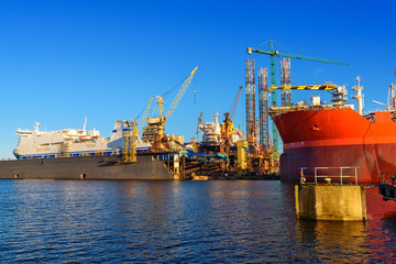 Ships under repair in the shipyard. Gdansk, Poland.