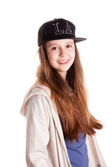 Portrait of the young stylish girl over the white background