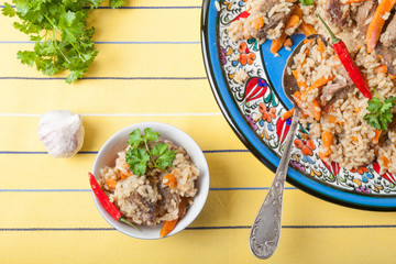 Hot delicious pilaf with dried fruits